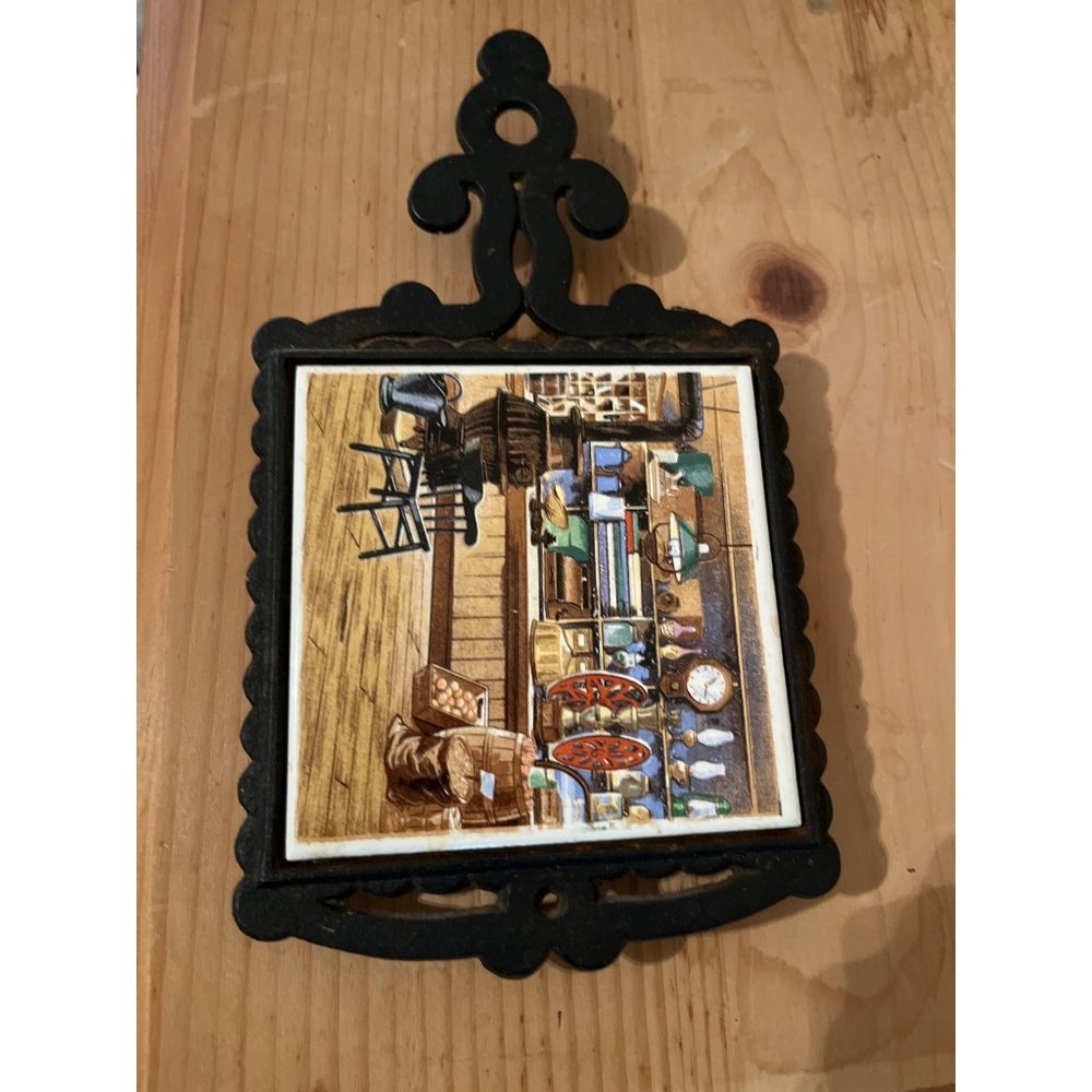 Vintage Norcrest Cast Iron Trivet/Wall Hanging Ceramic Tile Still Kitchen Scene